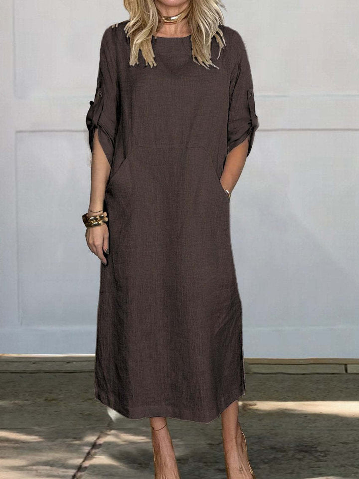 Women Casual Linen Midi Dress with Side Pockets and Roll-Up Sleeves Chic & Stil