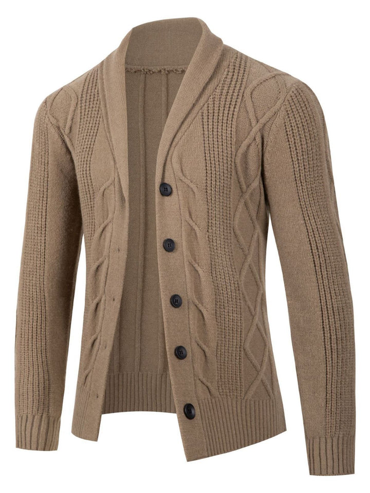 Trendy knitted jacket for men with high collar and decorative cable design Lune London