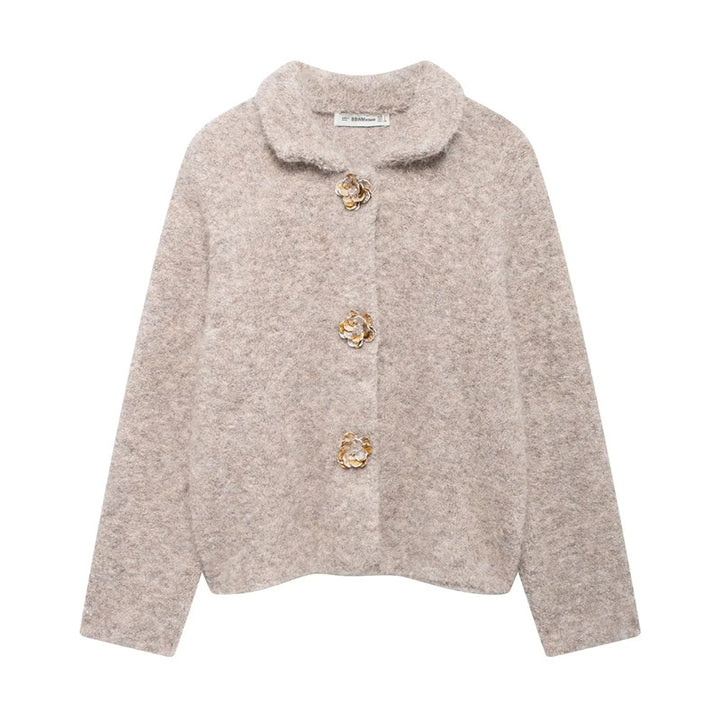 Women's plush cardigan with decorative flower buttons Lune London