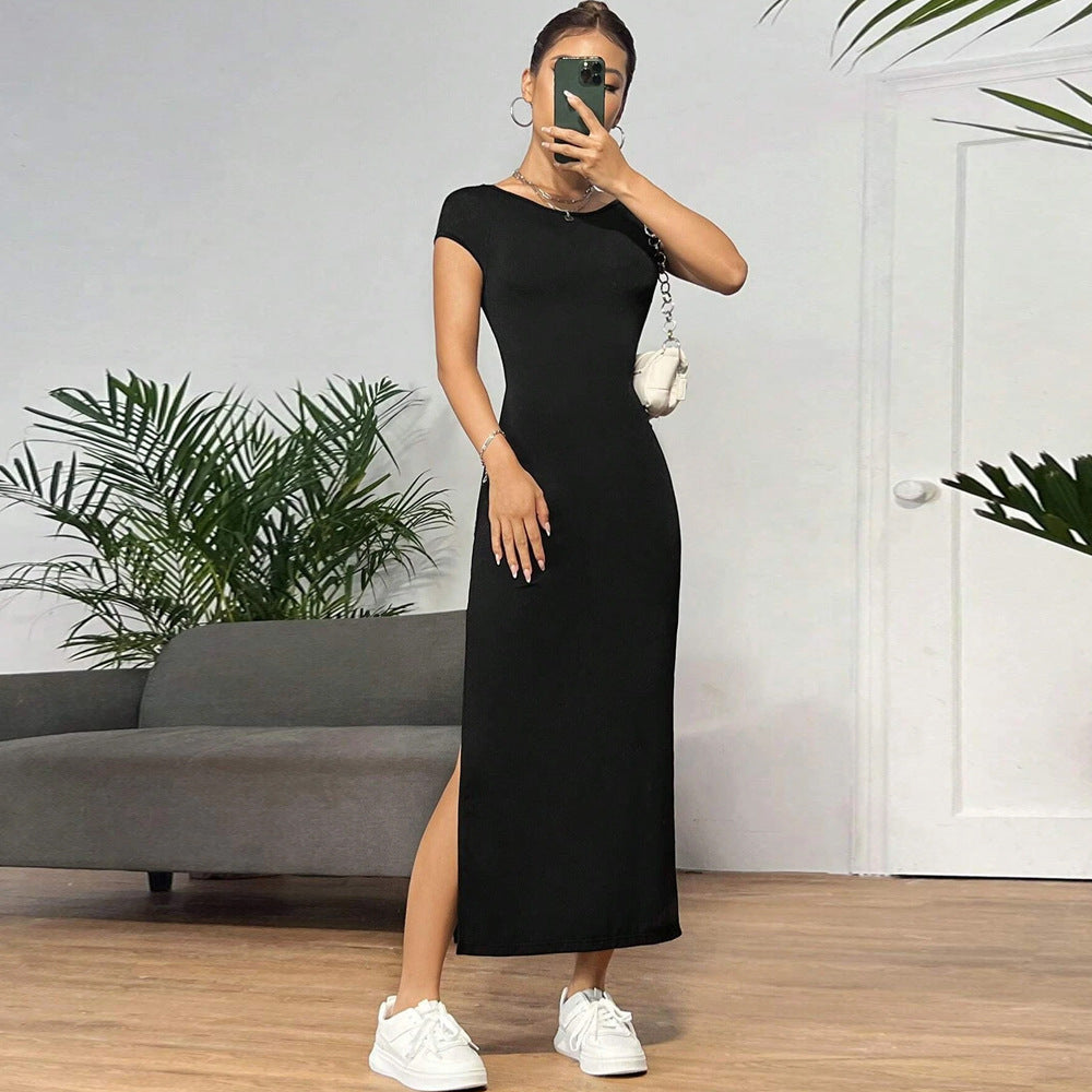 Robe maxi femme en jersey extensible avec une coupe ajustée et un col rond Chic & Stil