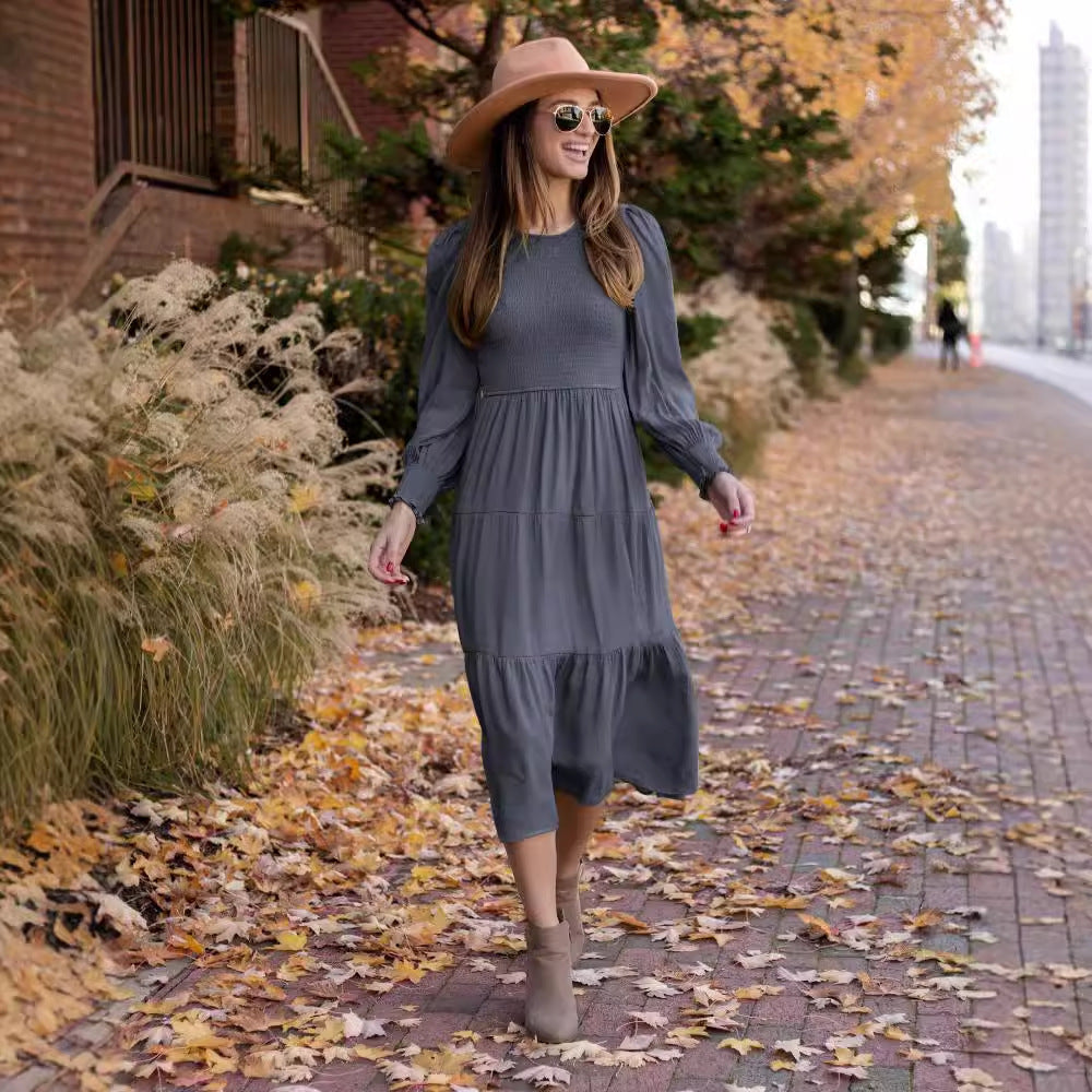 Chic & Stil Women's Long Casual Dress with Ruched and Ruffled Details