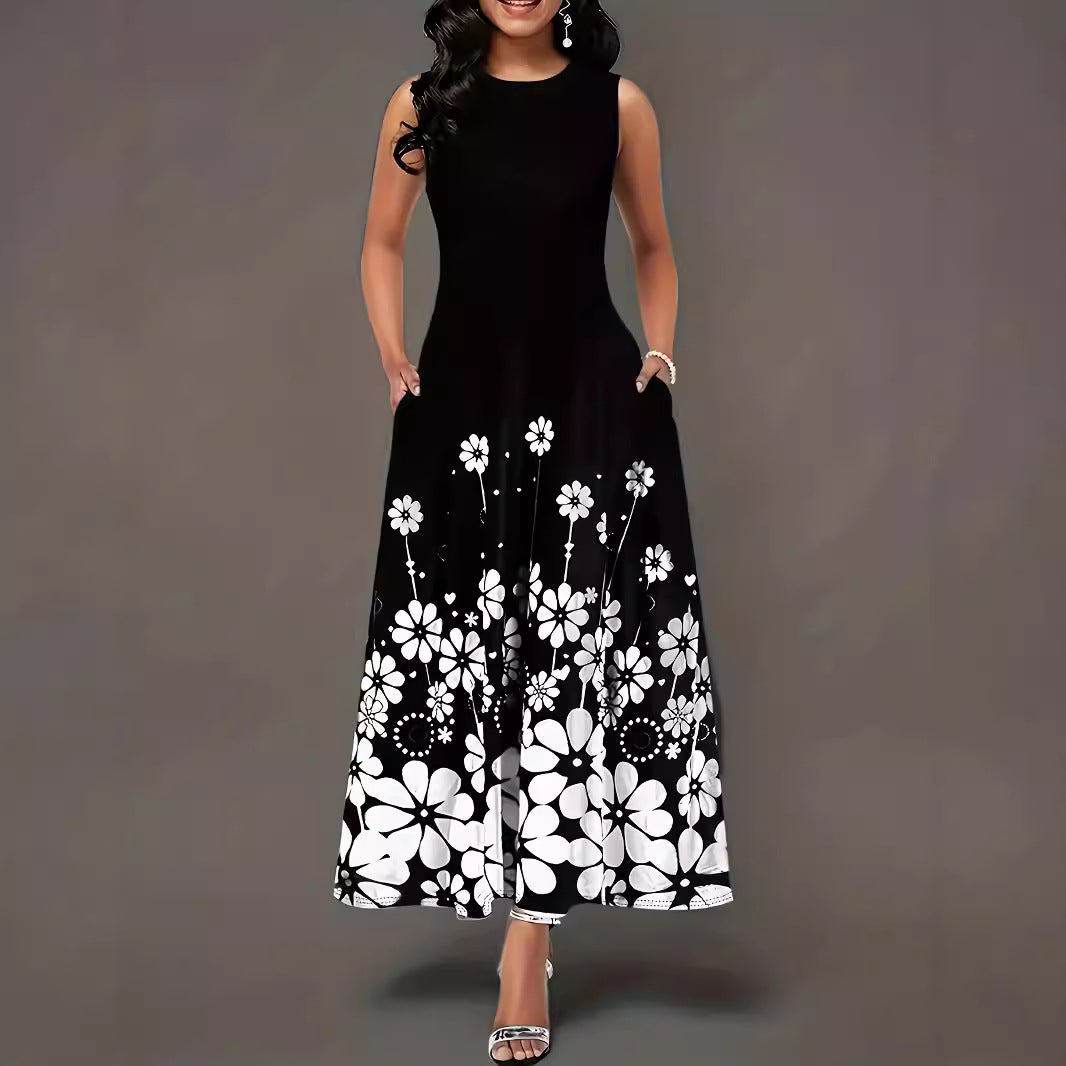 Maxi dress for women with floral accents and side pockets