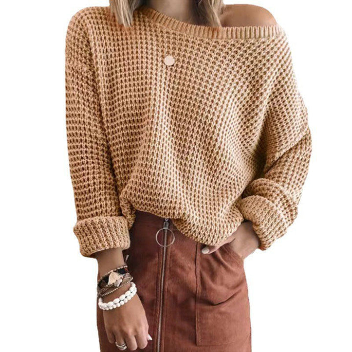 Oversized casual style knitted sweater for women with an off-shoulder design.