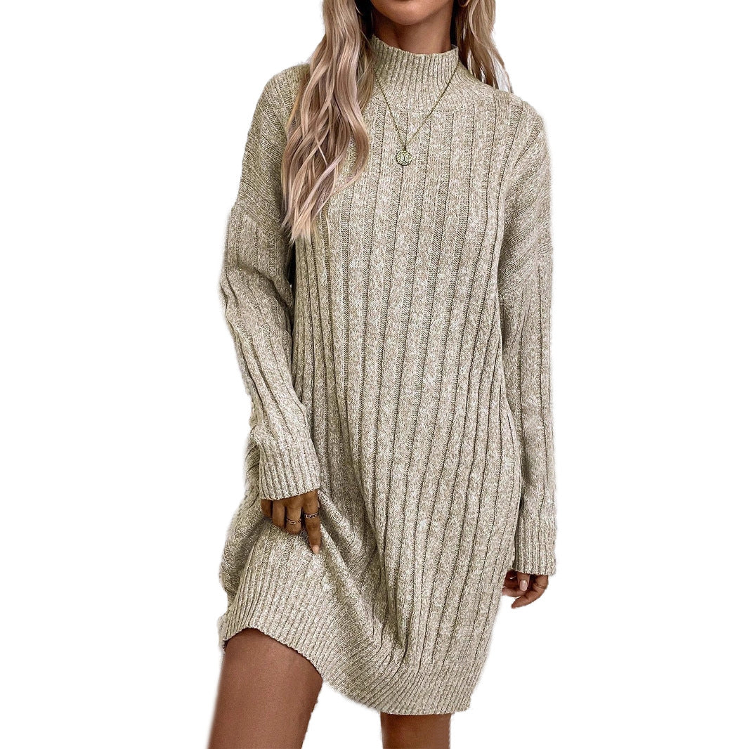 Knit dress for women with high collar and textured rib pattern Lune London