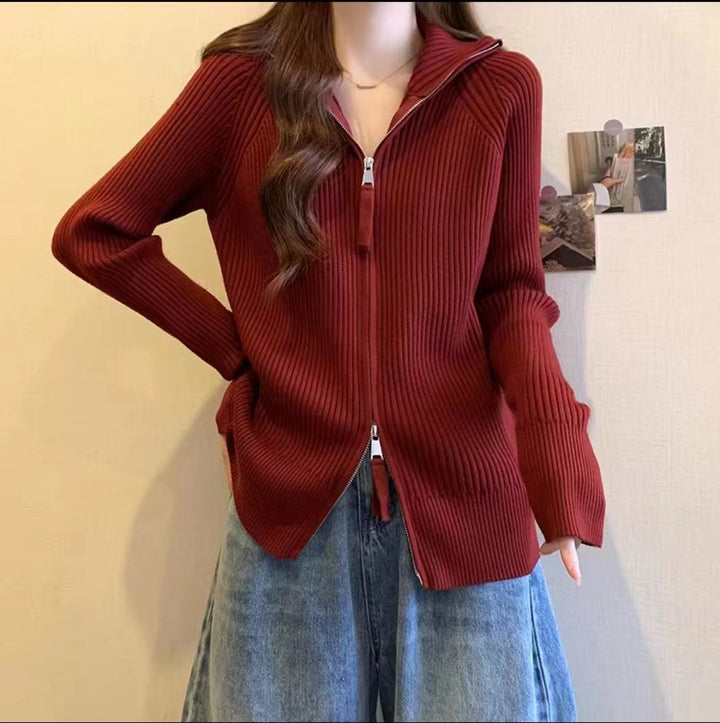 Knitted jacket for women with high collar and zipper Lune London
