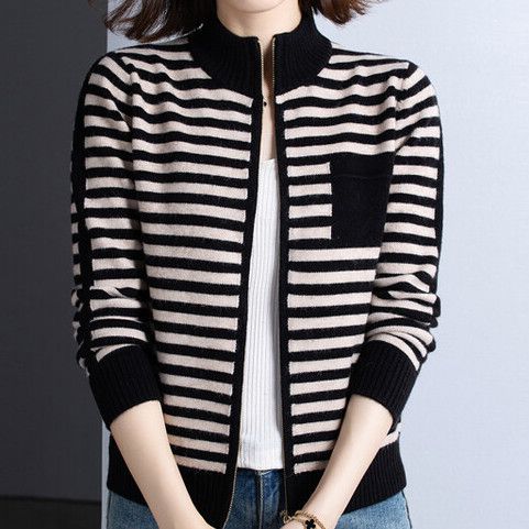 Knitted jacket for women with high collar and zipper Lune London