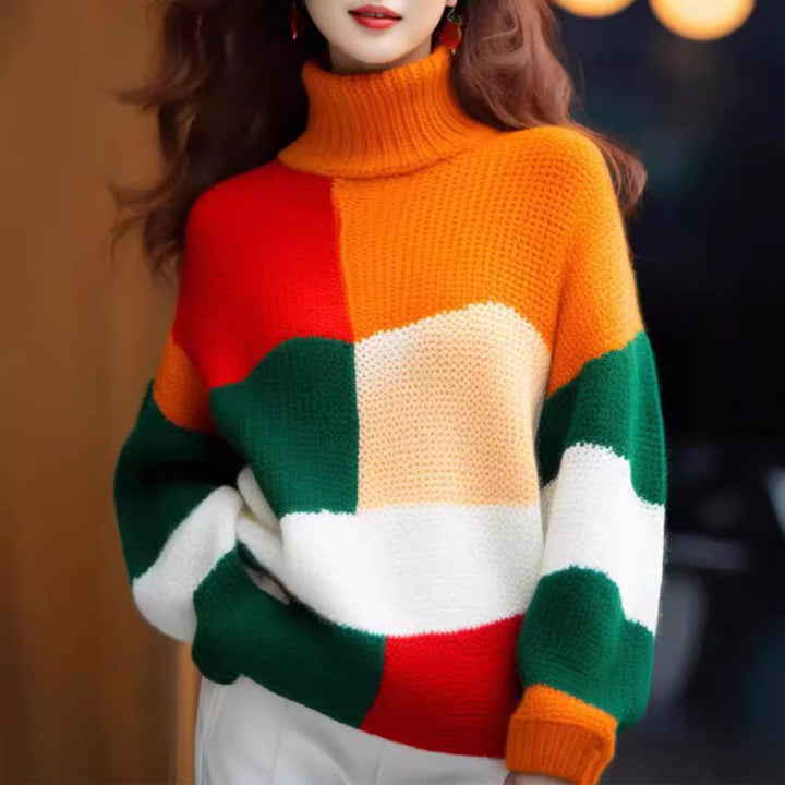Chunky knitted sweater with turtleneck and bright color block design Lune London