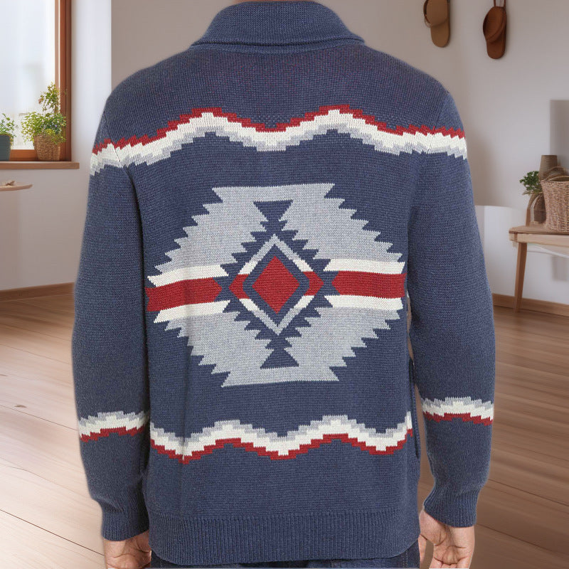 Men's knit jacket with modern ethnic design featuring practical buttons Lune London