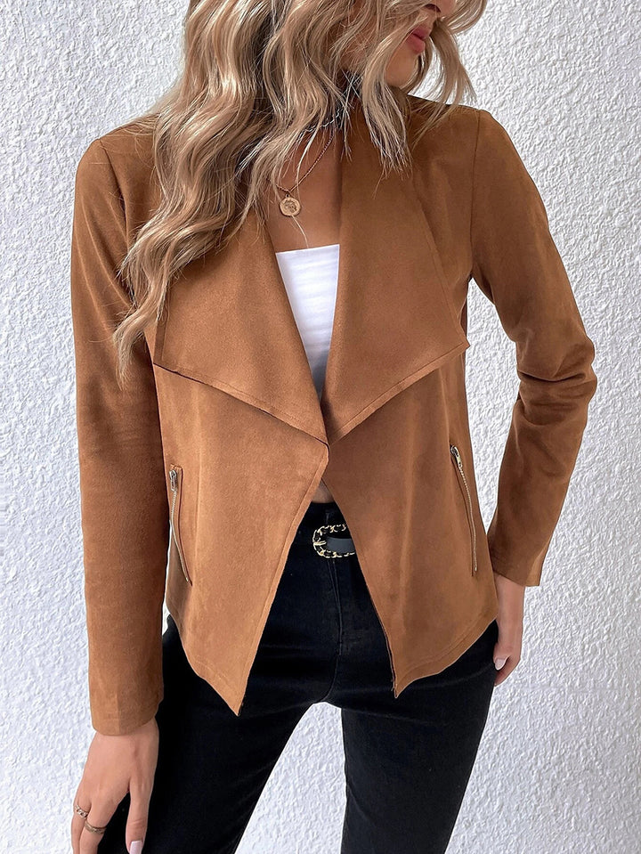 Elegant velvet jacket for ladies with asymmetric lapel and zippered pockets Lune London