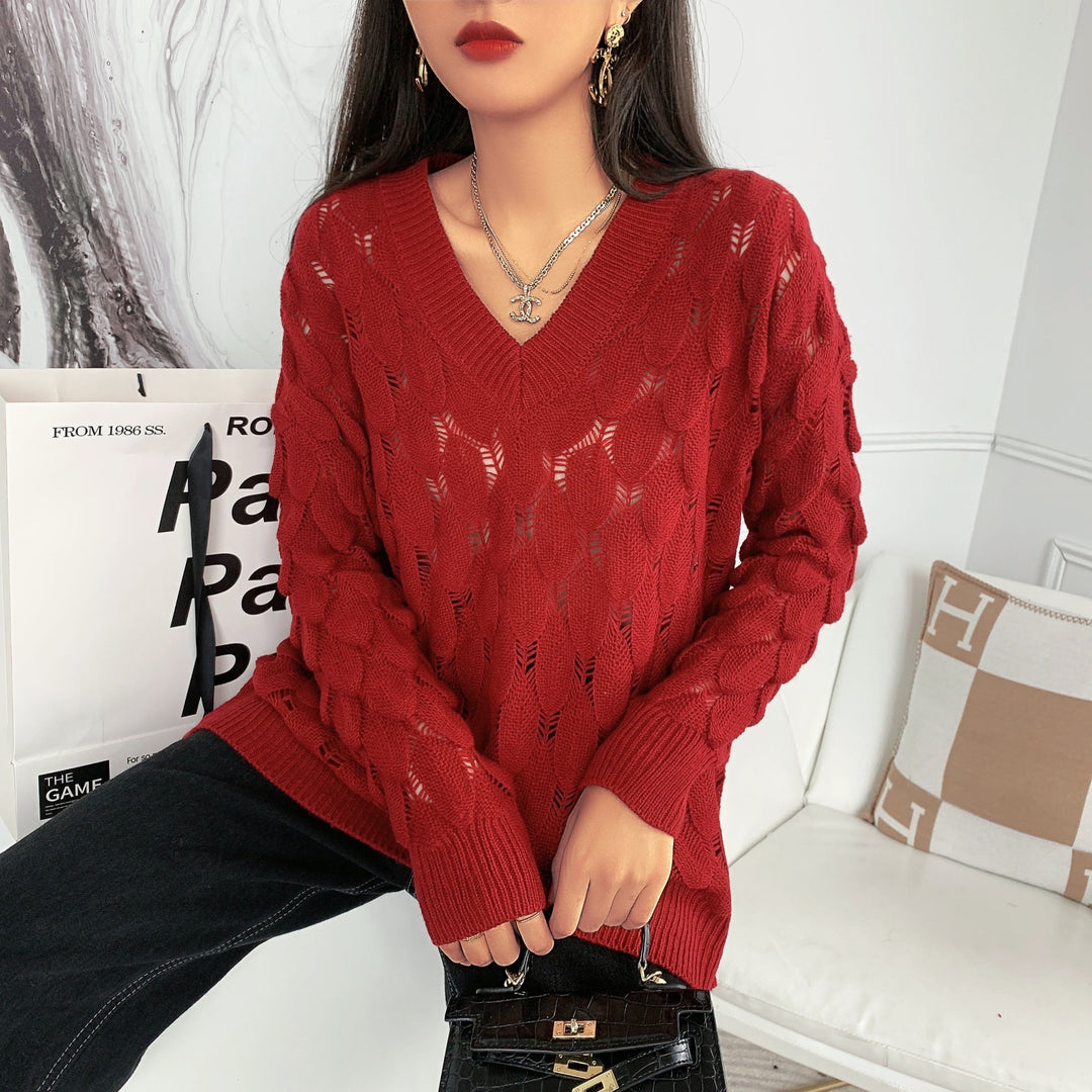 Ladies lightweight knit V-neck sweater with transparent hole pattern Lune London