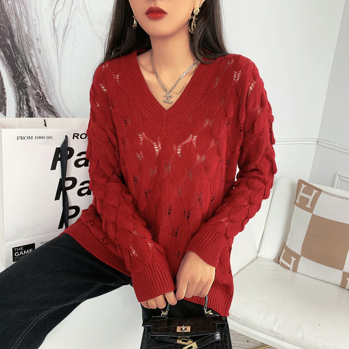Ladies lightweight knit V-neck sweater with transparent hole pattern Lune London