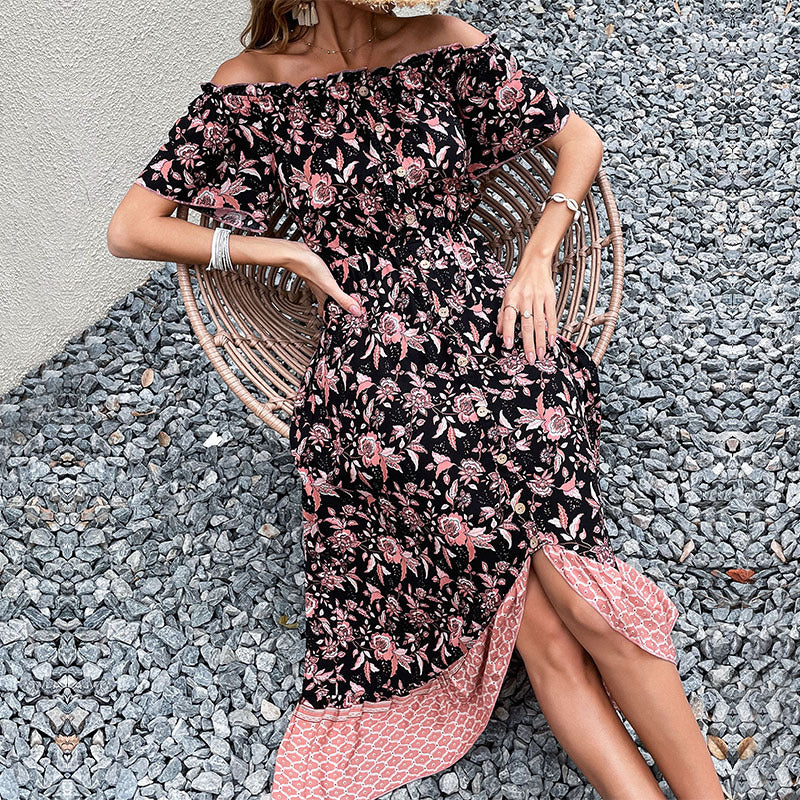 Robe maxi femme à épaules dénudées avec motif floral et fente haute Chic & Stil