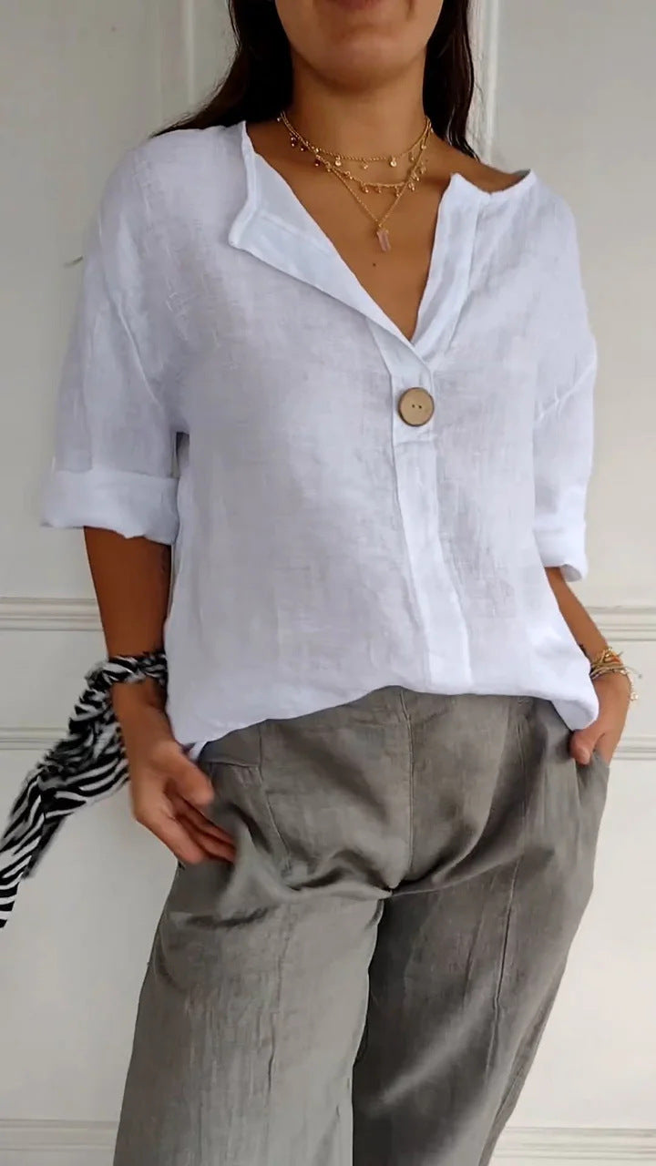 Women's Airy Linen Blouse with Button Details and Casual Cut Lune London