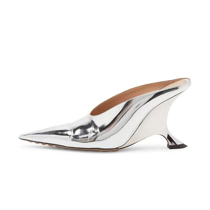 Women’s Pointed Metallic Wedge Mules with Sculpted Heel Lune London