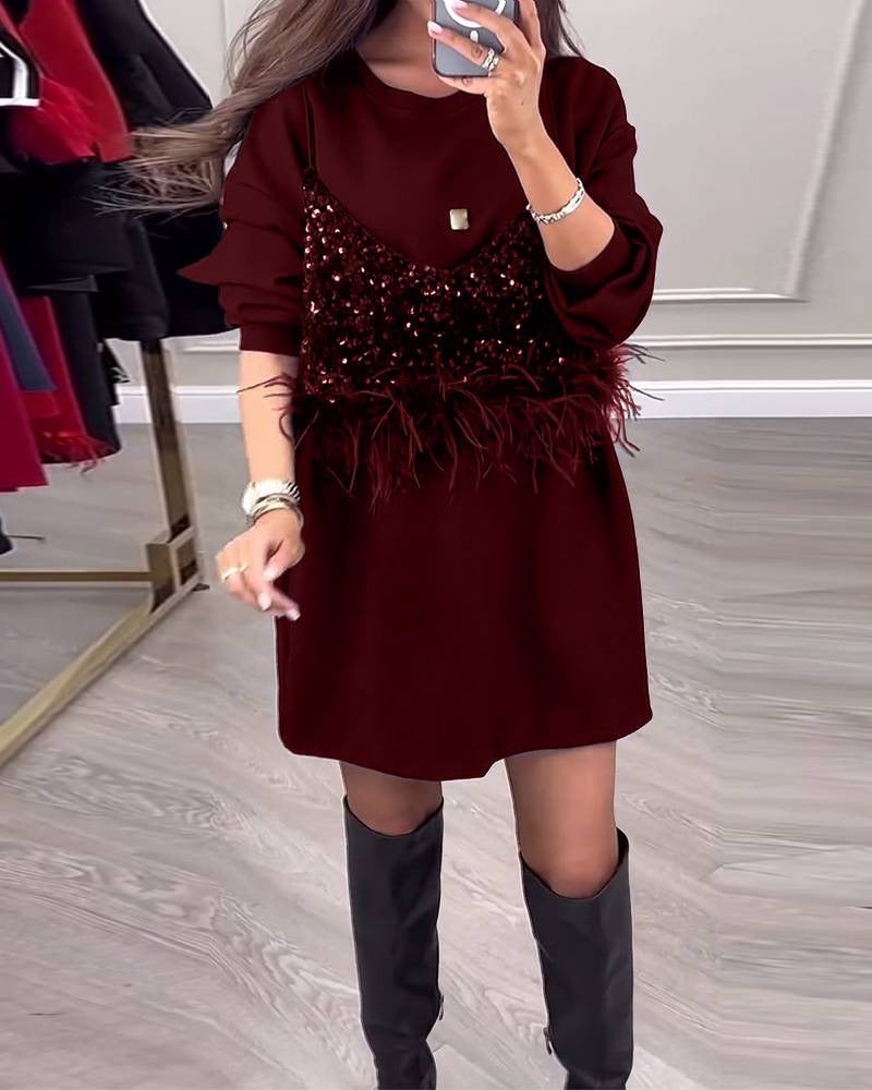 Trendy sweatshirt dress for ladies with sequins and feather detail Lune London