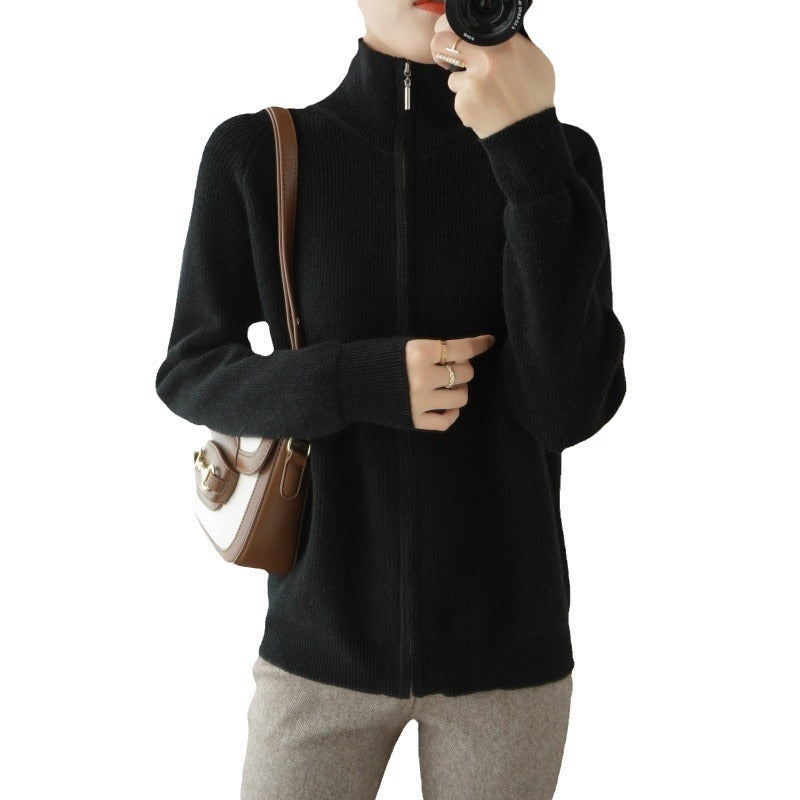 Knitted jacket for women with high collar and full zip Lune London