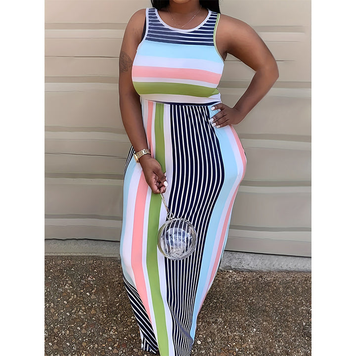 Maxi dress for women with a colorful striped design and a fitted cut Lune London