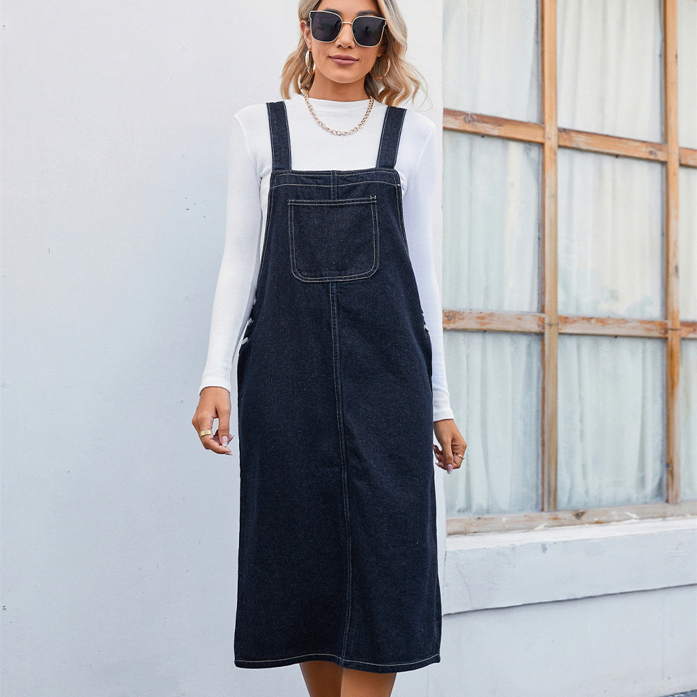 Lune London women's denim strap dress with practical side pockets and modern cut