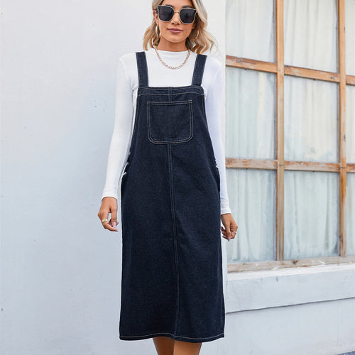 Lune London women's denim strap dress with practical side pockets and modern cut