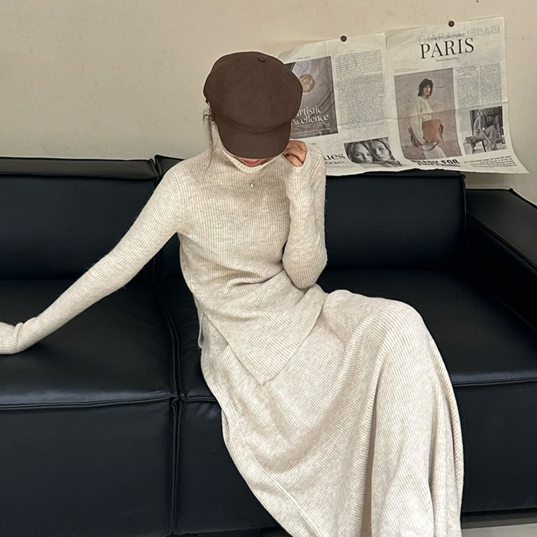 Robe en tricot pour femme avec un design à côtes luxueux et coupe longue Chic & Stil