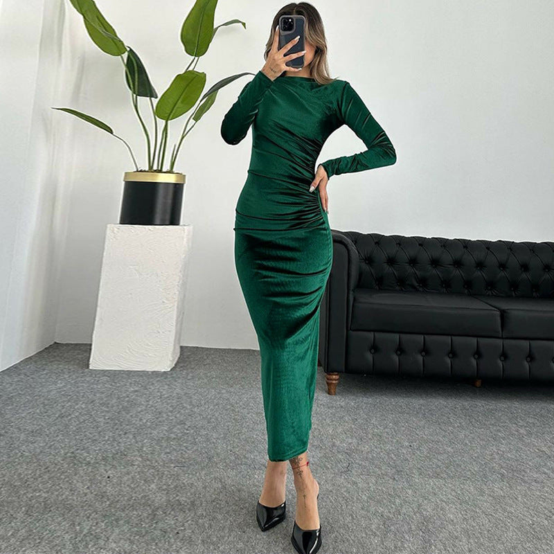 Ladies Elegant Long Sleeve Ruched Maxi Dress Lune London