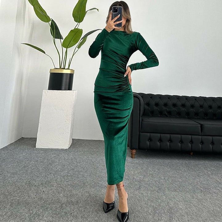 Ladies Elegant Long Sleeve Ruched Maxi Dress Lune London