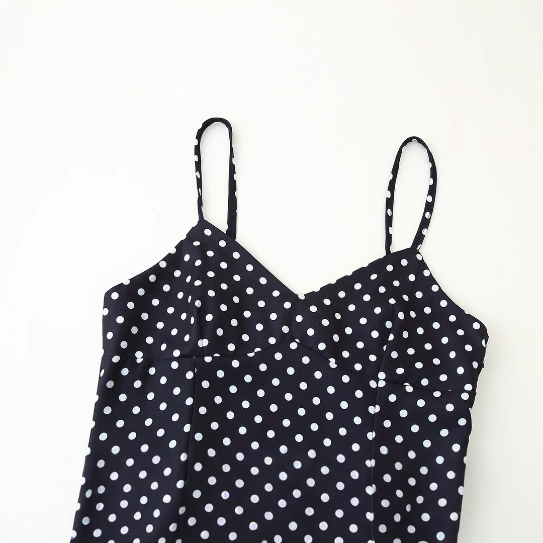 Midi dress for women with thin spaghetti straps and a playful polka dot design Lune London