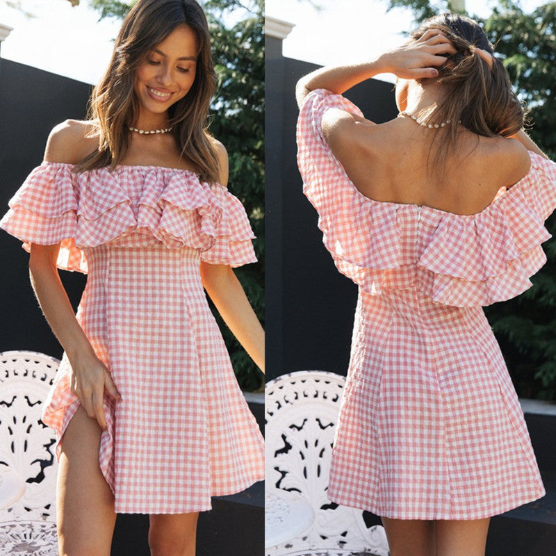 Robe d'été femme à épaules dénudées avec volants et joli motif à carreaux Chic & Stil