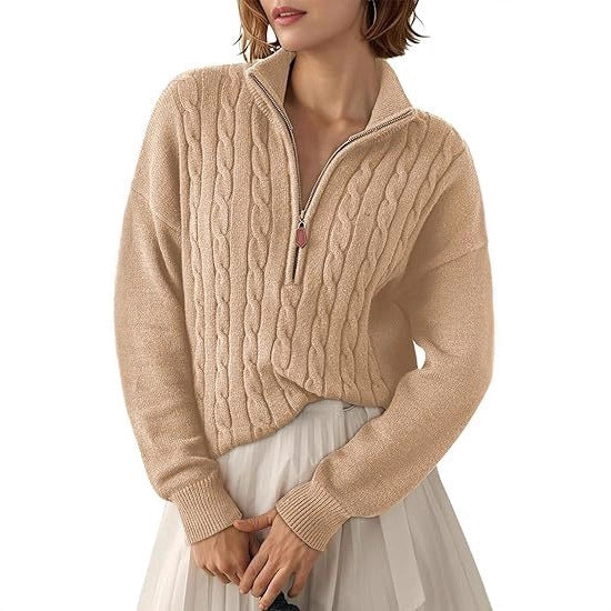 Chunky knit sweater for women with high collar and half-zip Lune London