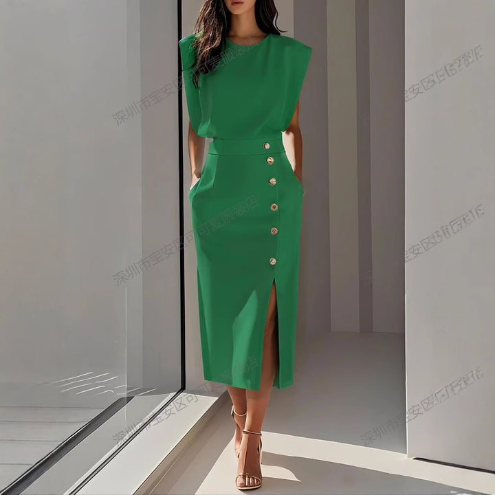 Women Elegant Evening Dress with High Shoulders and Side Split Lune London