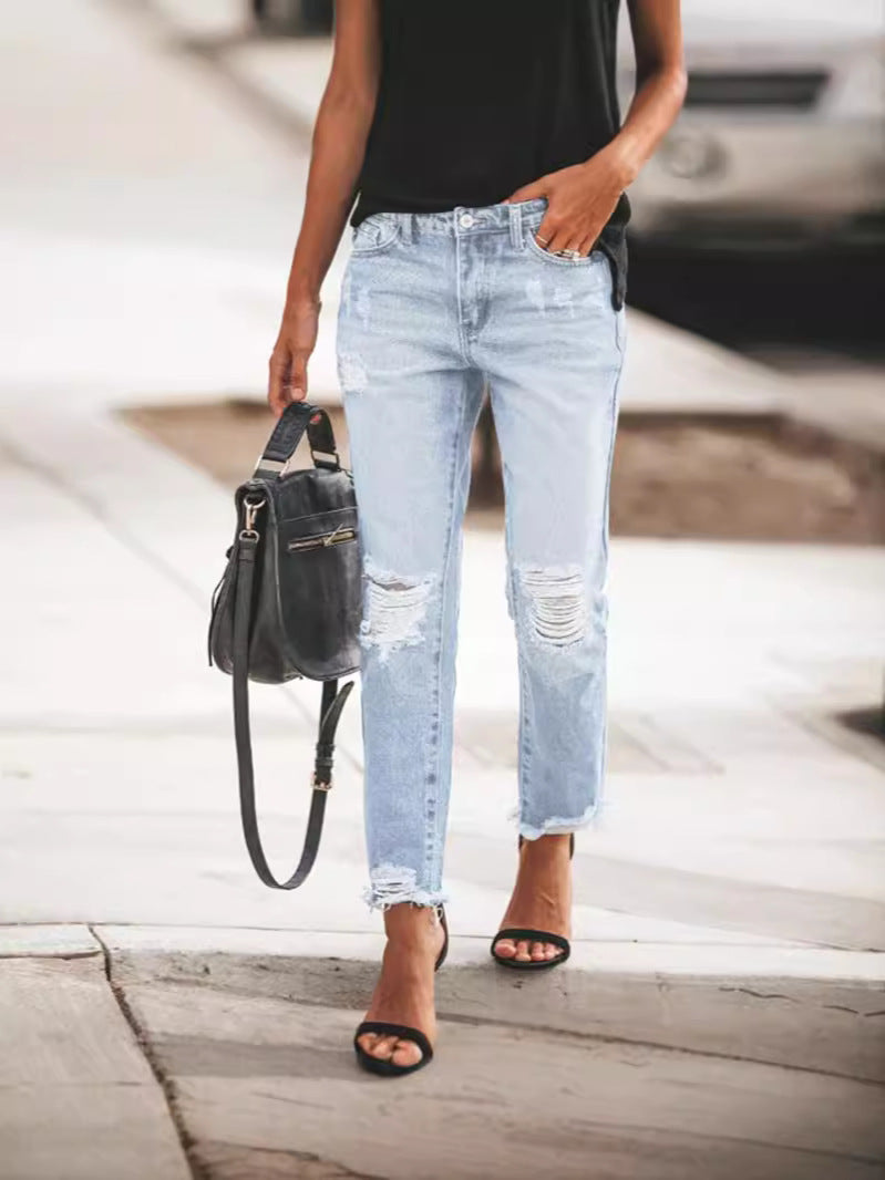 Women’s Ripped Denim Jeans with Casual Cut and Frayed Hem Lune London