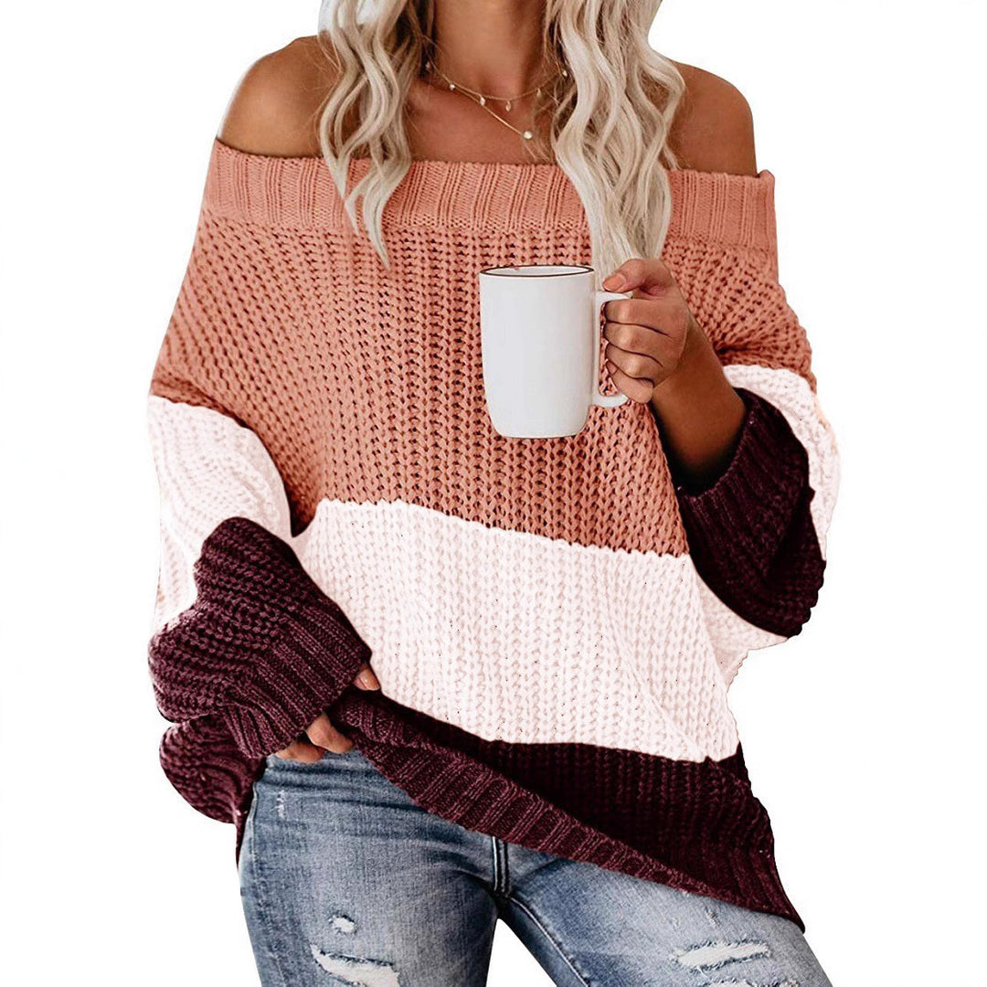 Casual chunky knit sweater for women with off-shoulder design and decorative color combination Lune London
