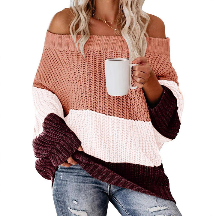 Casual chunky knit sweater for women with off-shoulder design and decorative color combination Lune London