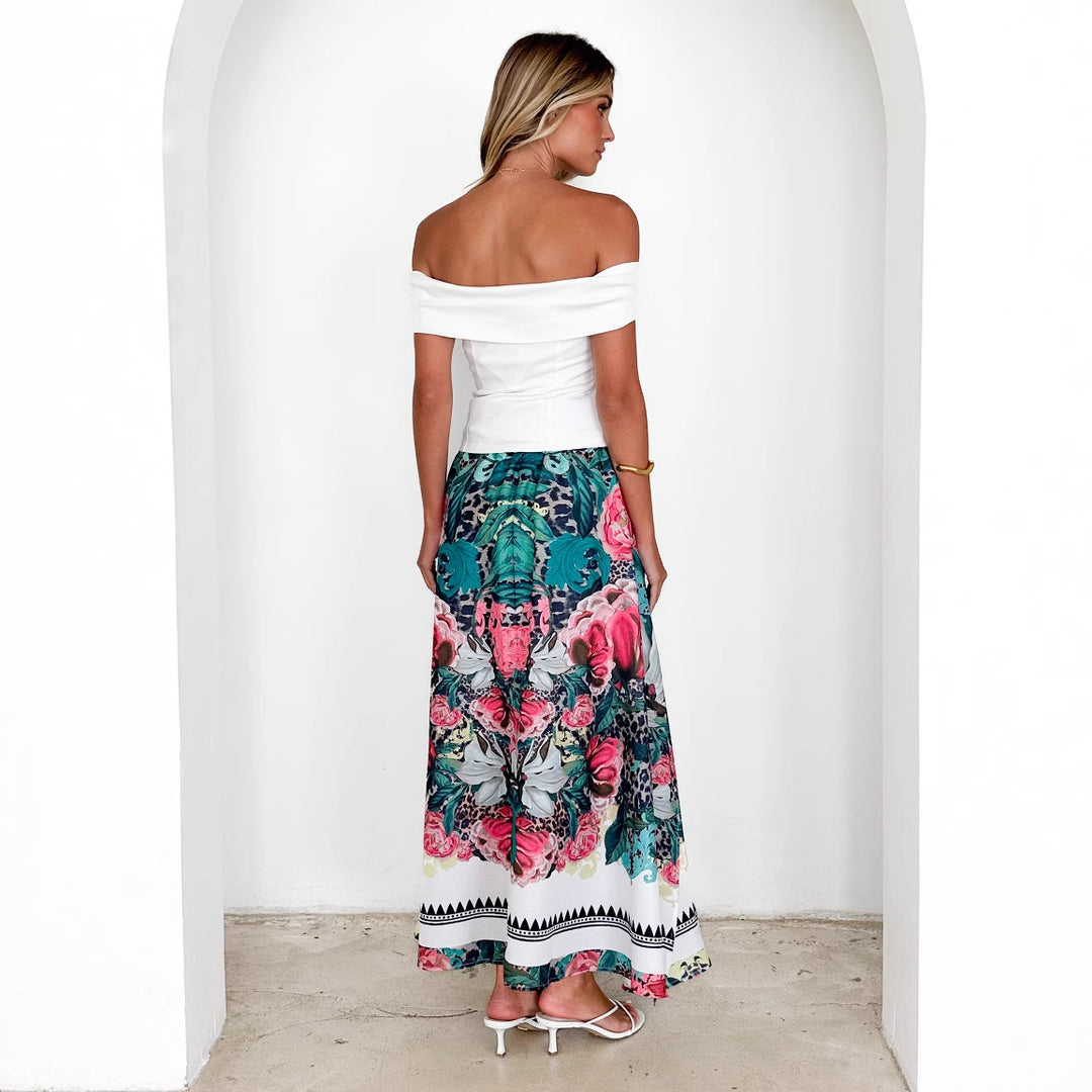 Maxi skirt for women with floral pattern and belt at the waist Lune London