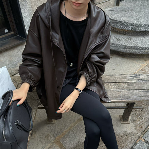 Fashionable lambskin leather jacket for women with practical hood and relaxed fit Lune London