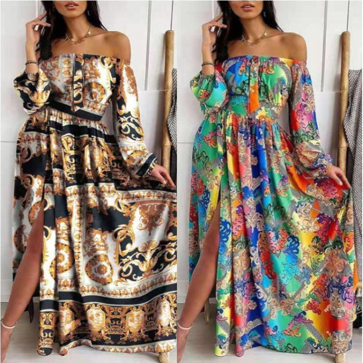 Off-shoulder maxi dress for women with elegant print Lune London