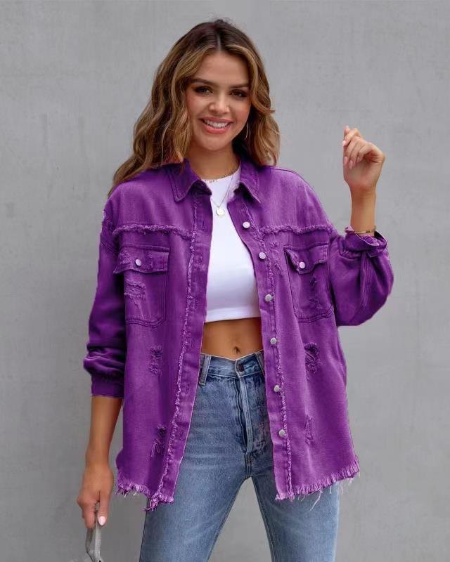 Stylish oversized denim jacket for women with distressed effect Lune London
