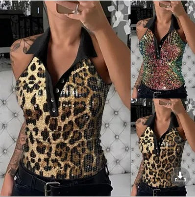 Ladies Sequin Leopard Print Polo Top Lune London