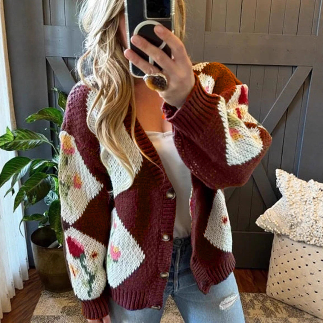 Women's knit jacket with floral pattern and decorative button design Lune London