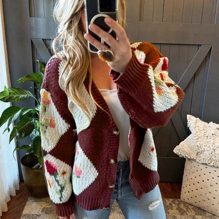 Women's knit jacket with floral pattern and decorative button design Lune London