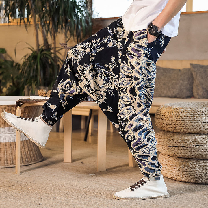 Casual Harem Pants for men with colorful artistic pattern and elastic waist Lune London