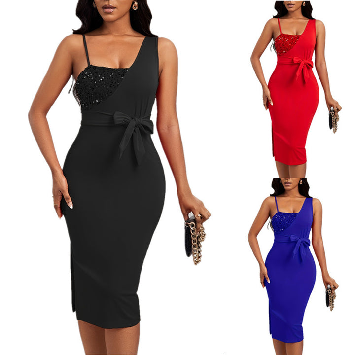 Elegant wrap dress for women with rhinestone embellishments and waist belt Lune London