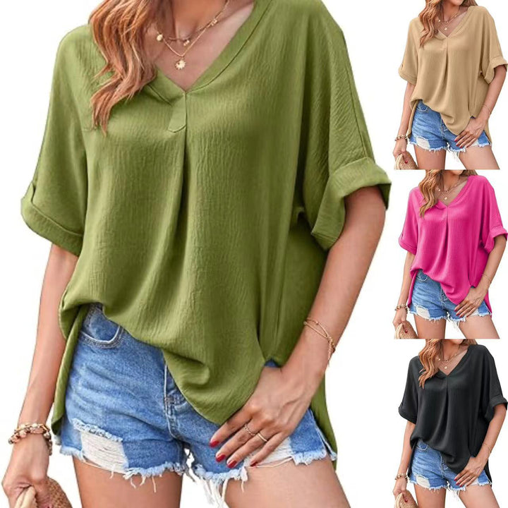 Ladies Light V-neck Top with Roll-up Sleeves Lune London