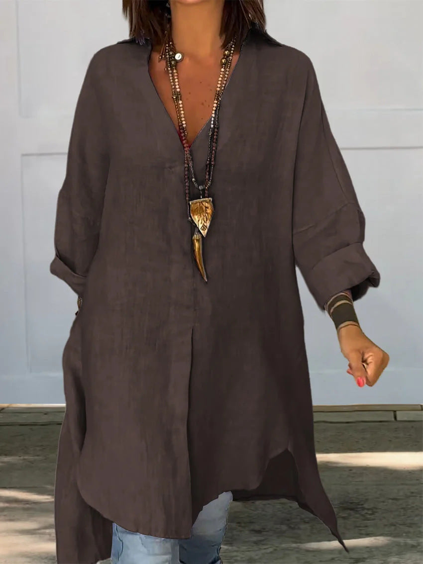 Women's Casual Linen Blouse with Full Button Placket and Cuffable Sleeves Lune London