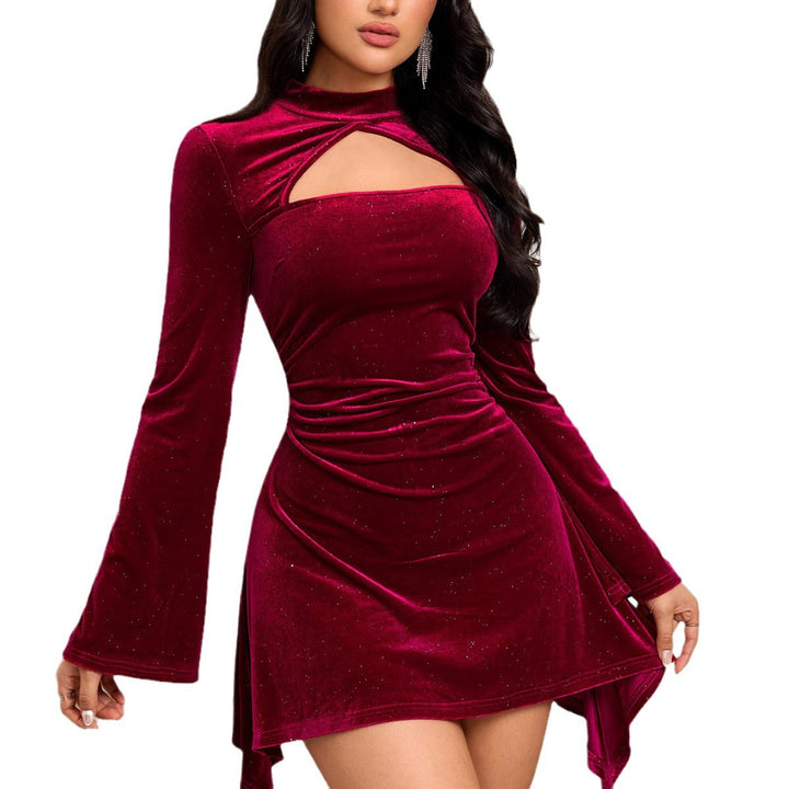 Elegant Velvet Mini Dress for Women with Unique Cut and Chic Long Sleeves