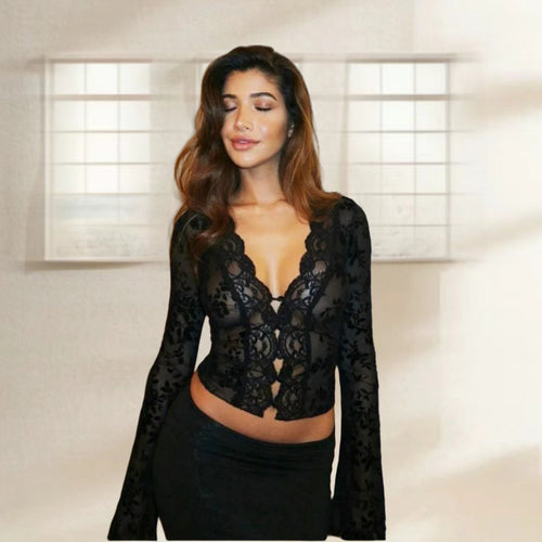 Lace blouse for women with leopard pattern and romantic ruffles Lune London