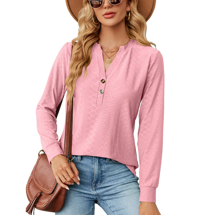 Women's long sleeve t-shirt with trendy Henley neckline and structured design Lune London