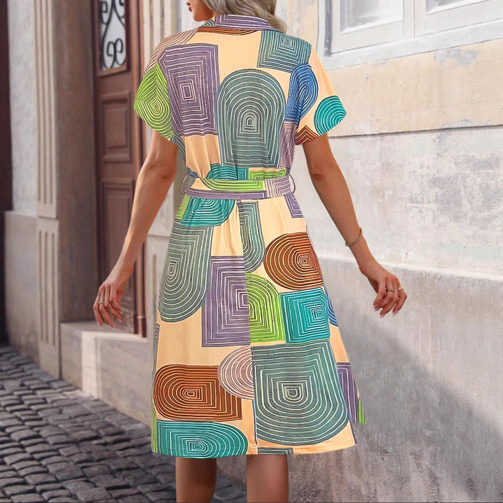 Sleeveless dress for women with geometric pattern and tie belt Lune London