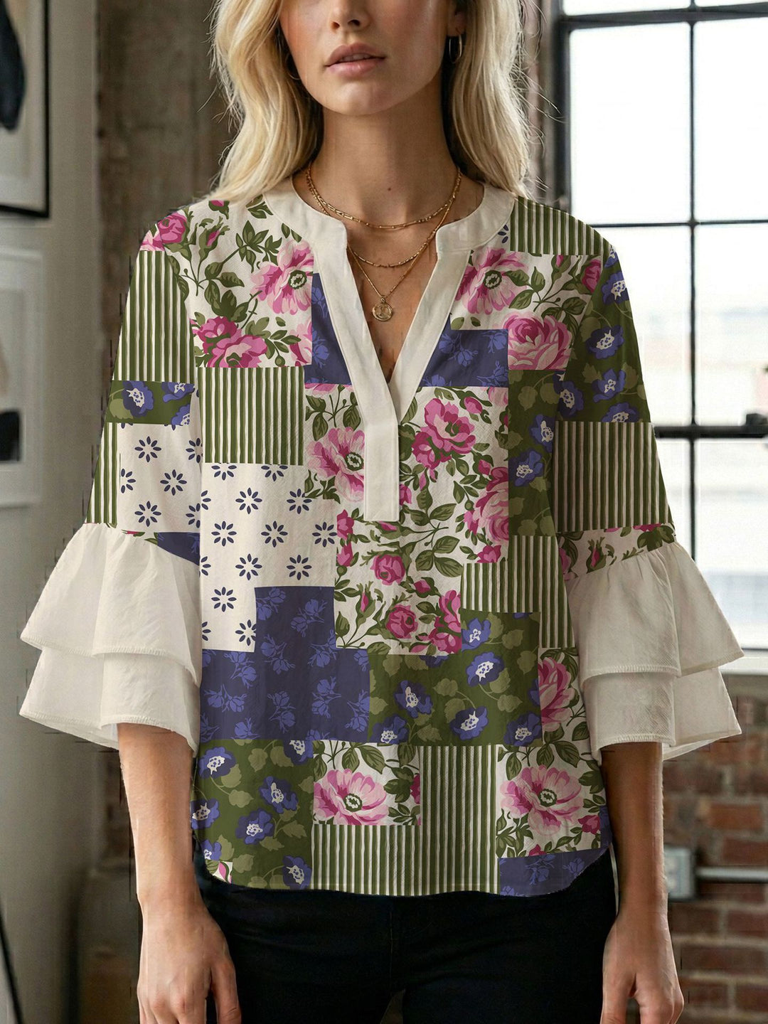 Women's blouse shirt with voluminous sleeves and creative print design Lune London