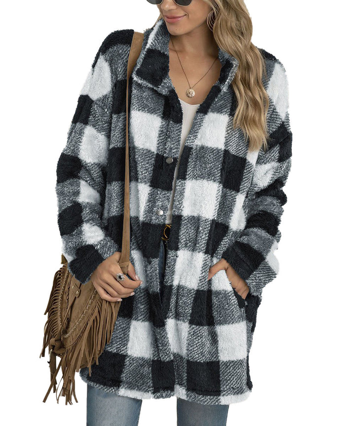 Women’s fleece jacket with checked pattern and practical pockets Lune London